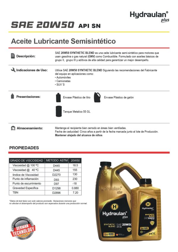 ACEITE HYDRAULAN SAE 20W50 API SN LITRO - Imagen 2